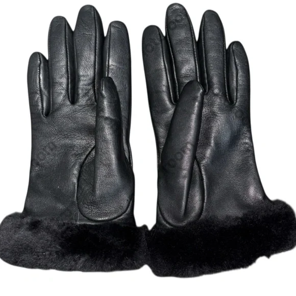 UGG Shorty Sheepskin Shearling-Cuff Black Leather Gloves Size Small - Picture 4 of 7